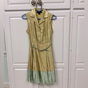 Duro Olowu Gold and Seafoam Green Sparkling Belted Sleeveless Dress Size-2